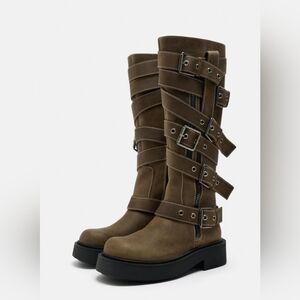 ZARA BUCKLED LEATHER KNEE HIGH BOOTS NWT